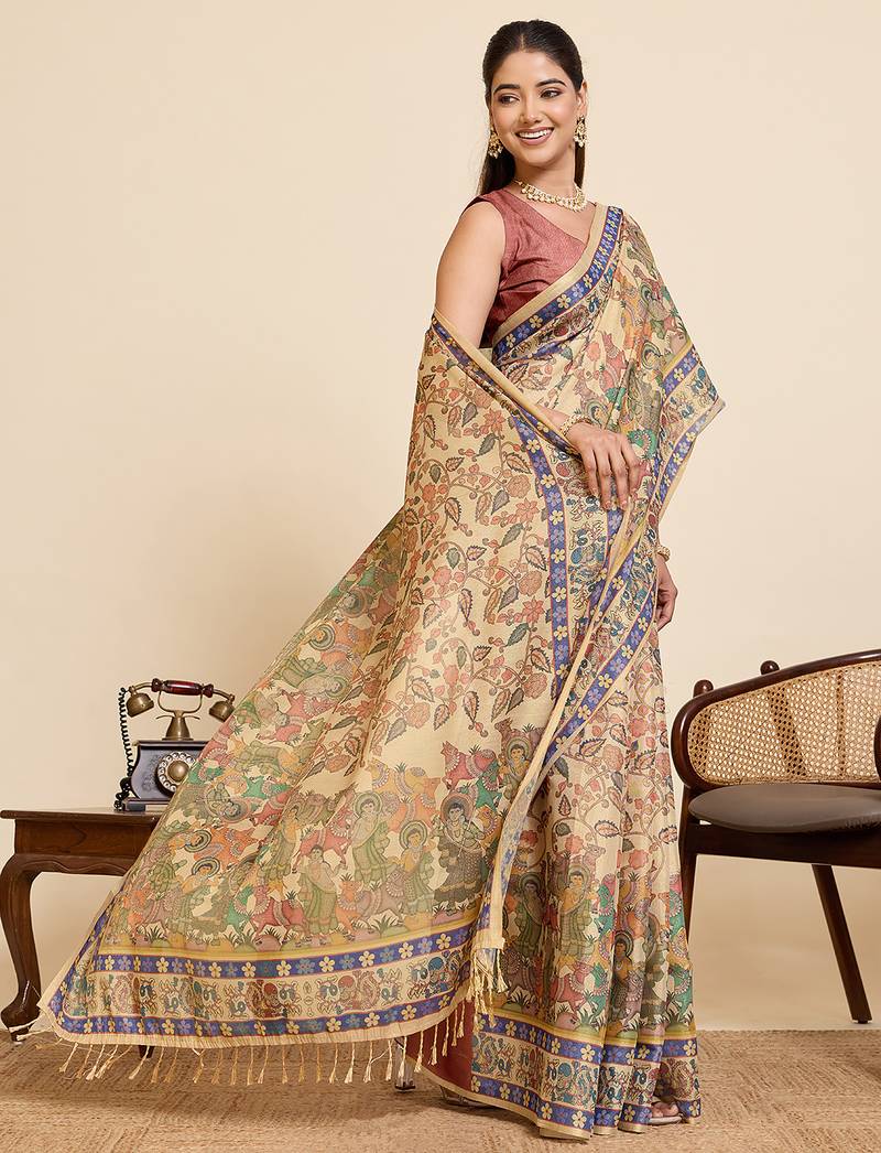 Blue printed linan saree with blouse