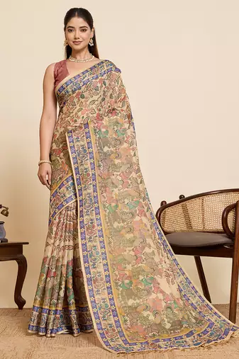 Blue printed linan saree with blouse