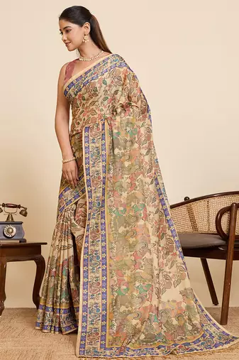 Blue printed linan saree with blouse