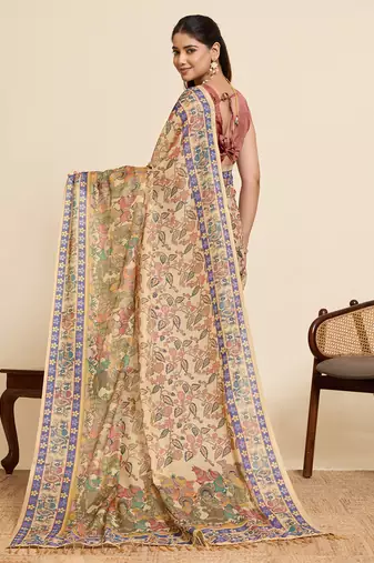 Blue printed linan saree with blouse