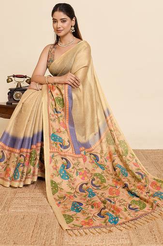 Purple printed linan saree with blouse