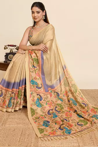 Purple printed linan saree with blouse