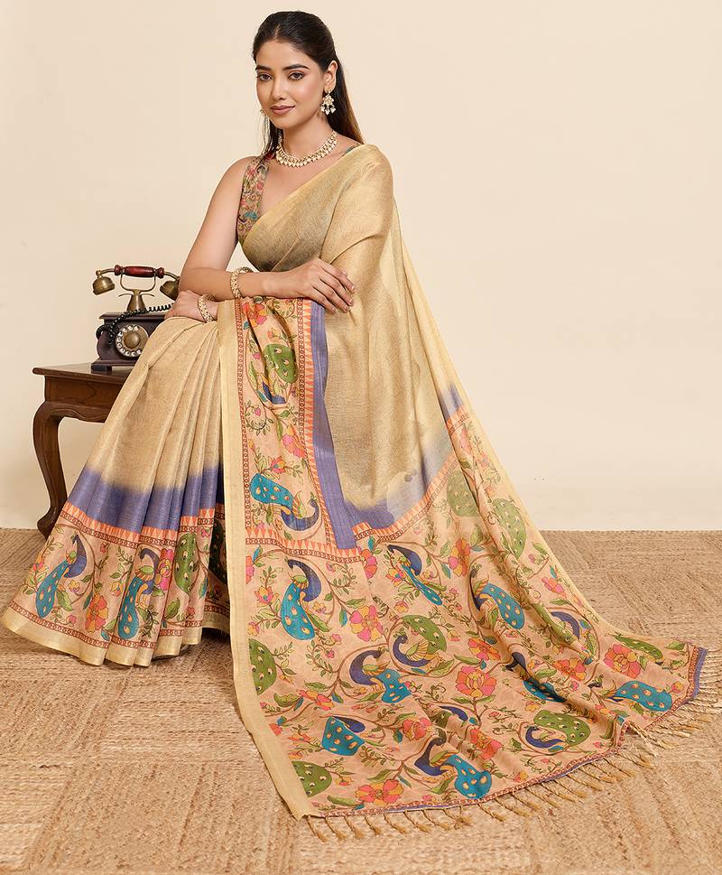 Purple printed linan saree with blouse