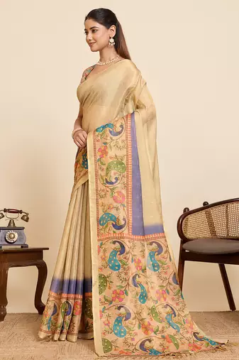 Purple printed linan saree with blouse