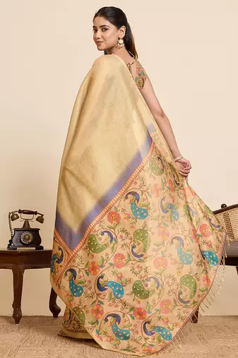 Purple printed linan saree with blouse