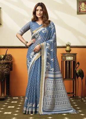 powder blue cotton blend office wear saree 1