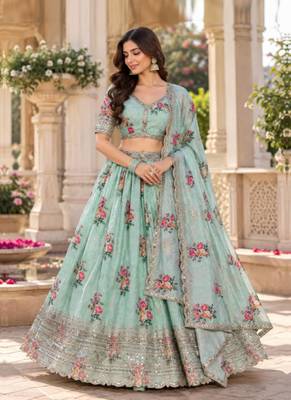 Women's Light  Green Zari Sequin Embroidery Work Lehenga Choli 1