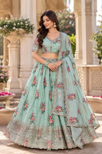 Women's Light  Green Zari Sequin Embroidery Work Lehenga Choli