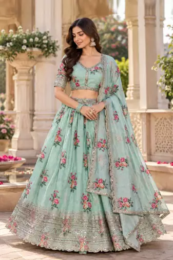 Women's Light  Green Zari Sequin Embroidery Work Lehenga Choli