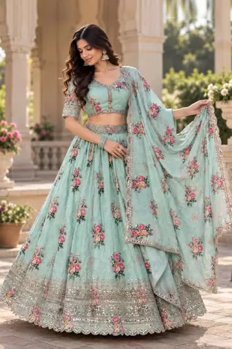 Women's Light  Green Zari Sequin Embroidery Work Lehenga Choli