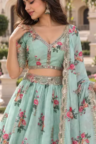 Women's Light  Green Zari Sequin Embroidery Work Lehenga Choli