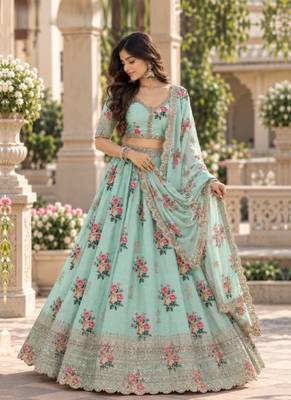 Women's Light  Green Zari Sequin Embroidery Work Lehenga Choli 4