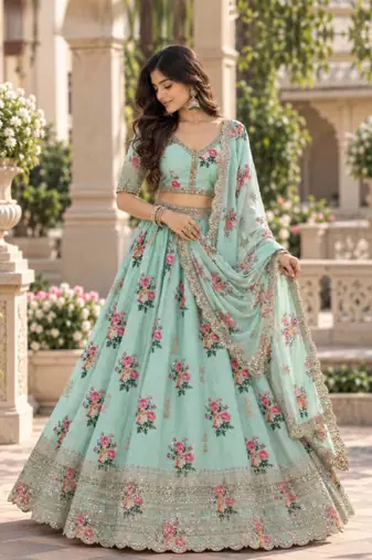 Women's Light  Green Zari Sequin Embroidery Work Lehenga Choli