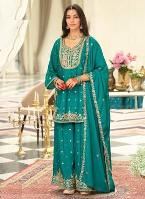 Turquoise wedding collection chinon silk full stitched suits free size upto size 44 1