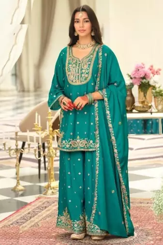 Turquoise wedding collection chinon silk full stitched suits free size upto size 44