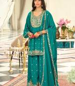 Turquoise wedding collection chinon silk full stitched suits free size upto size 44