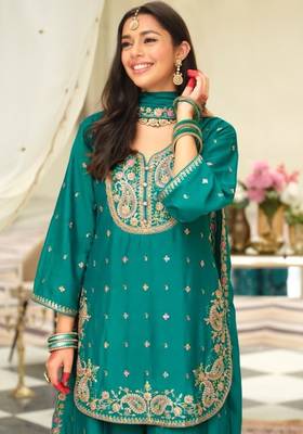 Turquoise wedding collection chinon silk full stitched suits free size upto size 44 2