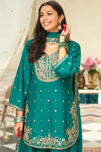 Turquoise wedding collection chinon silk full stitched suits free size upto size 44