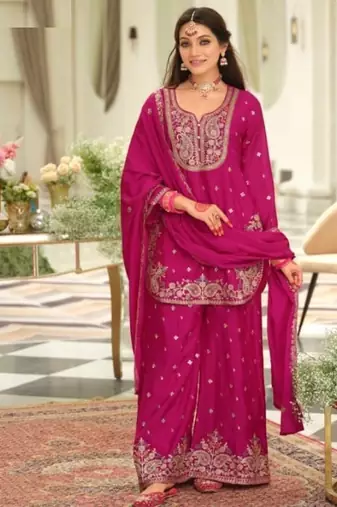 Pink wedding collection chinon silk full stitched suits free size upto size 44