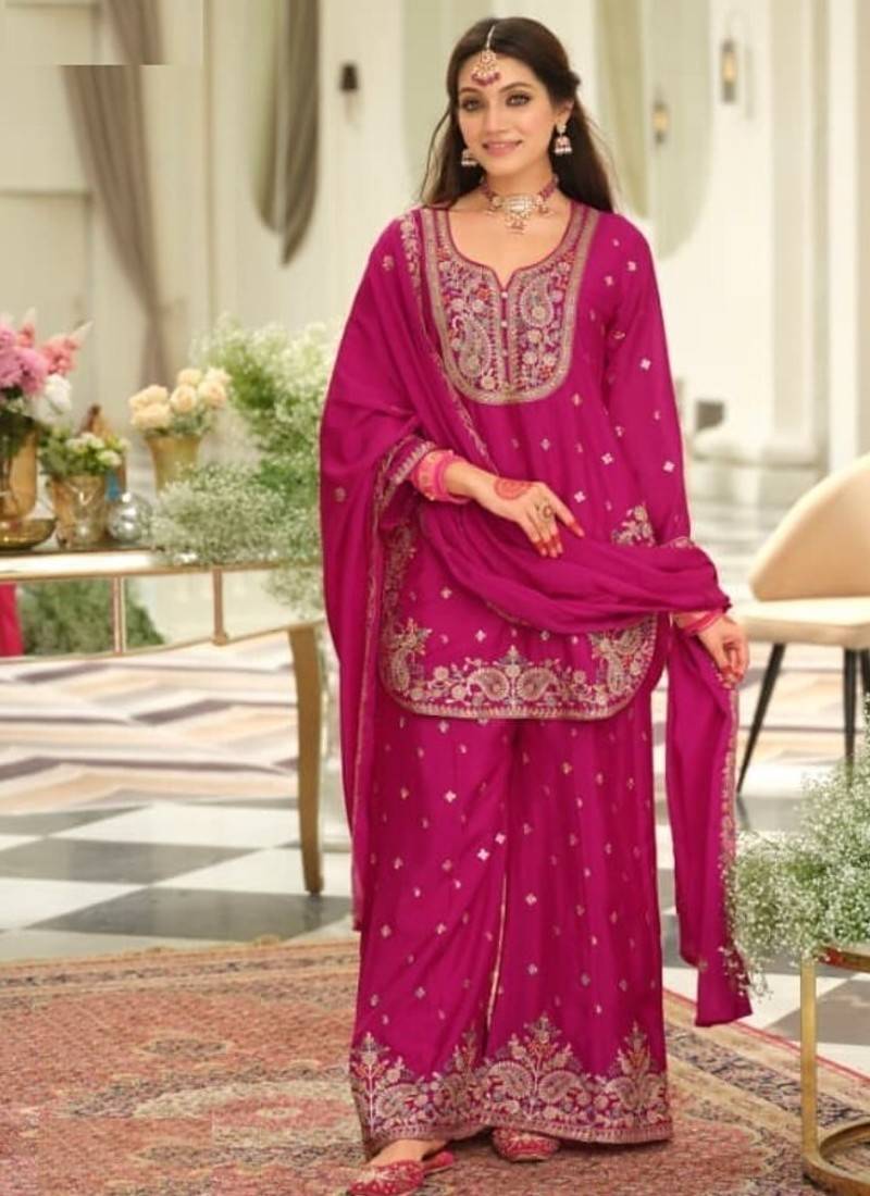 Pink wedding collection chinon silk full stitched suits free size upto size 44