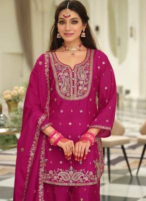 Pink wedding collection chinon silk full stitched suits free size upto size 44 2