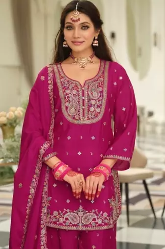 Pink wedding collection chinon silk full stitched suits free size upto size 44