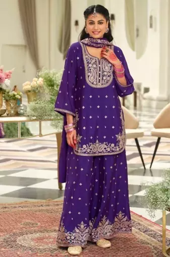 Blue wedding collection chinon silk full stitched suits free size upto size 44