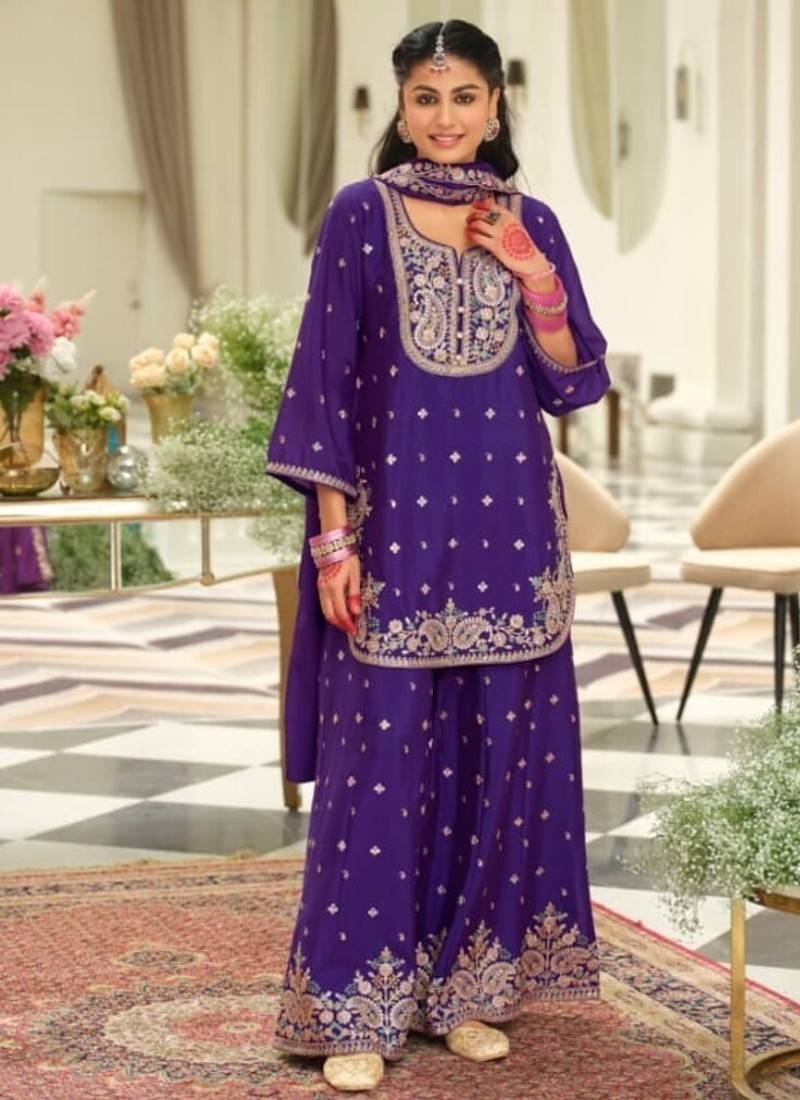 Blue wedding collection chinon silk full stitched suits free size upto size 44