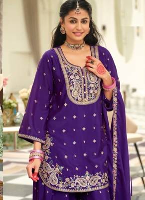 Blue wedding collection chinon silk full stitched suits free size upto size 44 2
