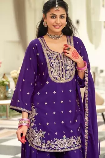 Blue wedding collection chinon silk full stitched suits free size upto size 44