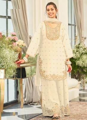 White wedding collection chinon silk full stitched suits free size upto size 44 1