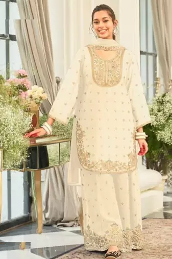White wedding collection chinon silk full stitched suits free size upto size 44