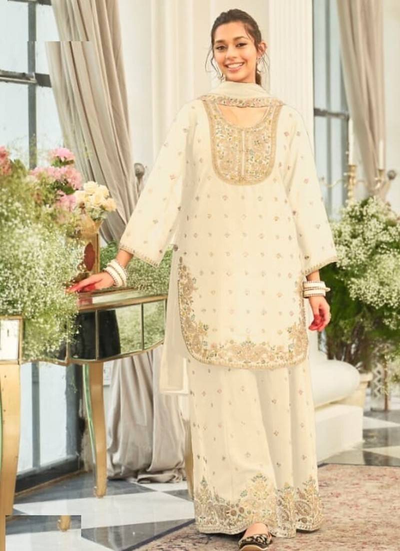 White wedding collection chinon silk full stitched suits free size upto size 44