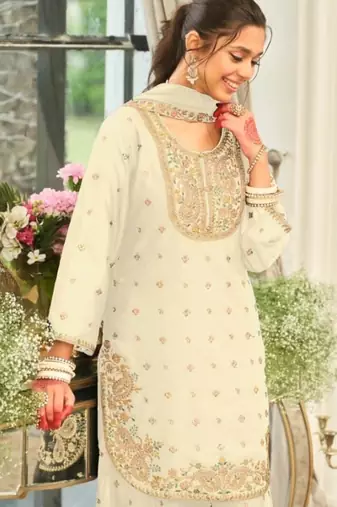 White wedding collection chinon silk full stitched suits free size upto size 44
