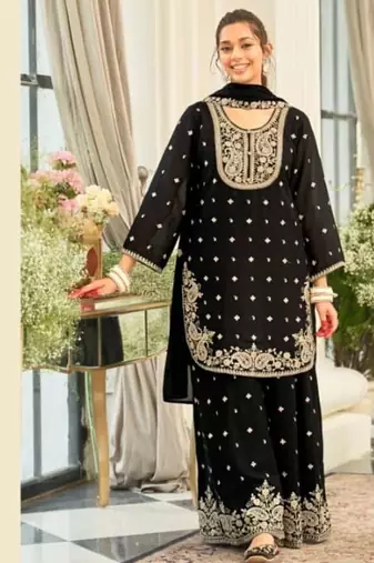 Black wedding collection chinon silk full stitched suits free size upto size 44