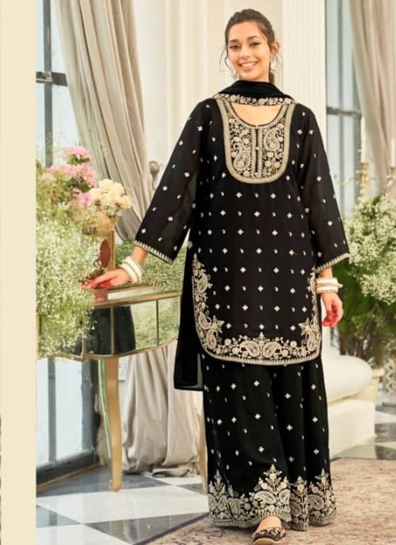 Black wedding collection chinon silk full stitched suits free size upto size 44