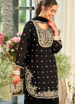 Black wedding collection chinon silk full stitched suits free size upto size 44 2