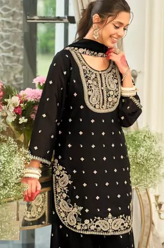 Black wedding collection chinon silk full stitched suits free size upto size 44