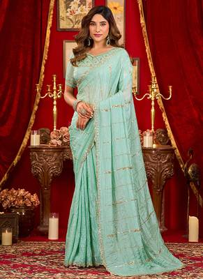 light sky blue silk blend heavy beads cut work designer party wear saree 1