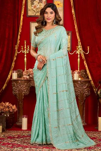 light sky blue silk blend heavy beads cut work designer party wear saree