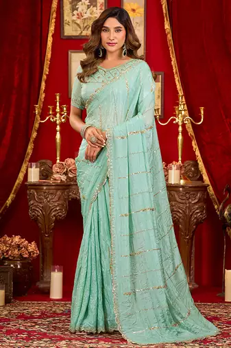 light sky blue silk blend heavy beads cut work designer party wear saree