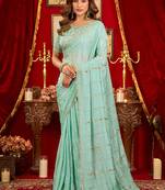 light sky blue silk blend heavy beads cut work designer party wear saree