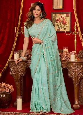 light sky blue silk blend heavy beads cut work designer party wear saree 2
