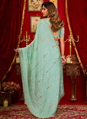 light sky blue silk blend heavy beads cut work designer party wear saree 3