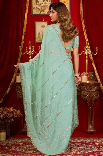 light sky blue silk blend heavy beads cut work designer party wear saree