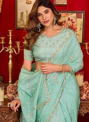 light sky blue silk blend heavy beads cut work designer party wear saree 4