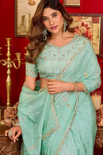 light sky blue silk blend heavy beads cut work designer party wear saree