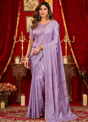 lavender silk blend heavy beads cut work designer party wear saree 1
