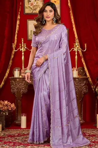 lavender silk blend heavy beads cut work designer party wear saree