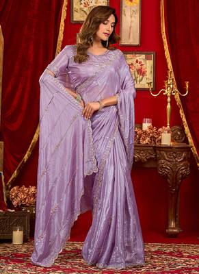 lavender silk blend heavy beads cut work designer party wear saree 2